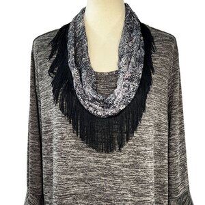 Notations Woman Plus 3X Gray Knit Top With Scarf & Fringe Polyester Rayon Blend